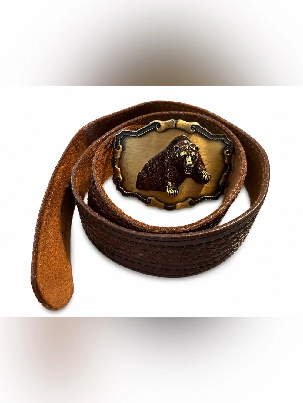 Raintree Bear Buckle Brown Tooled Leather Belt Western Rustic